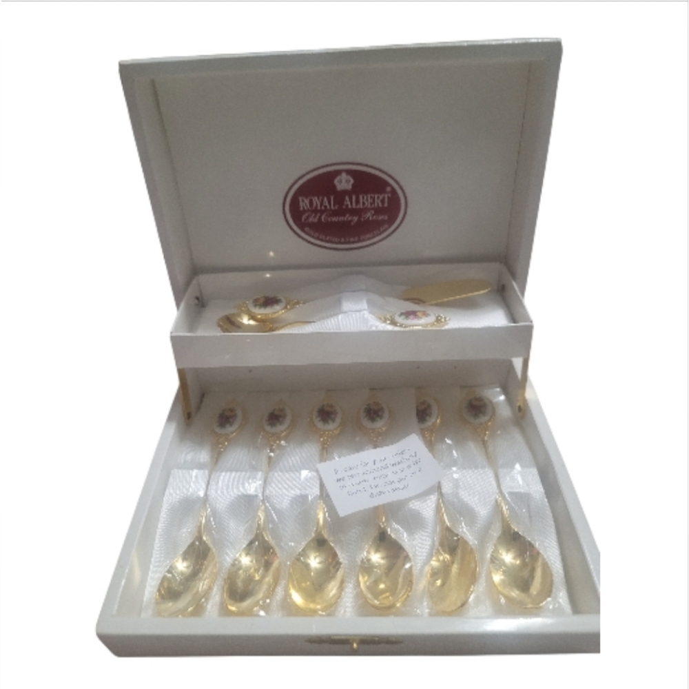 Royal Albert Gold Plated and Floral Spoon Set County Roses & Fine Tea Spoon Set